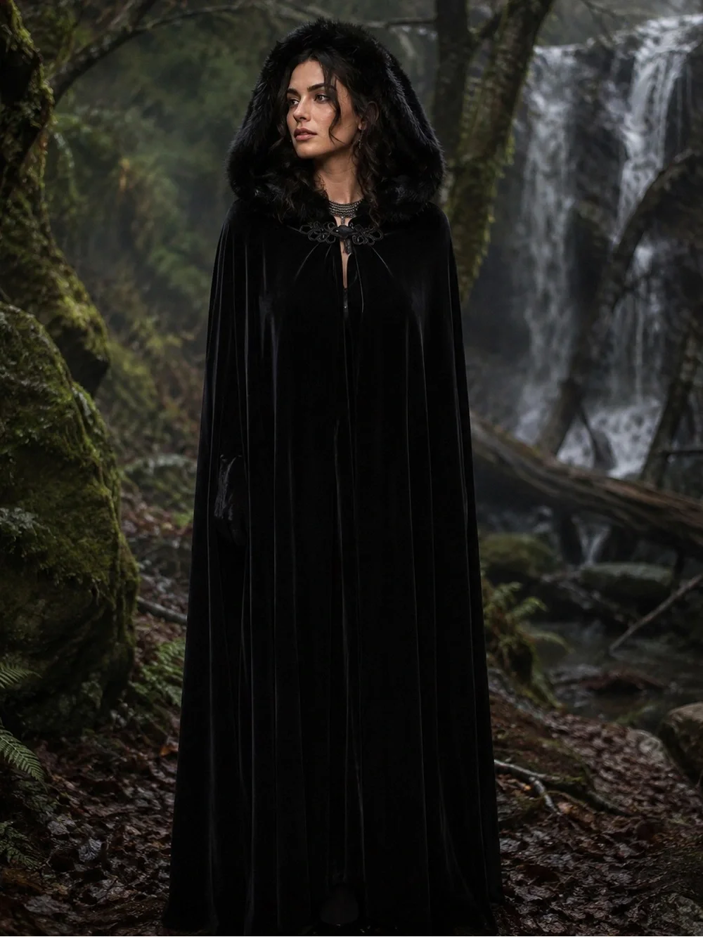 Tom Barra Vintage Women's Black Velvet Faux Fur Hooded Opera Cloak Cape One Size